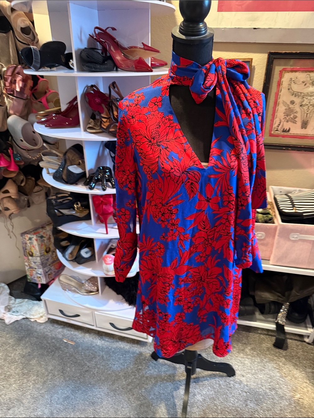Alice + Olivia Blue Dress with Red Floral Print and Neck Tie